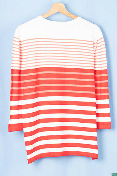 Ladies 3/4 sleeve round neck casual fit striped sweater.