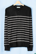 Ladies full sleeve V neck casual fit Ash striped sweater on black.