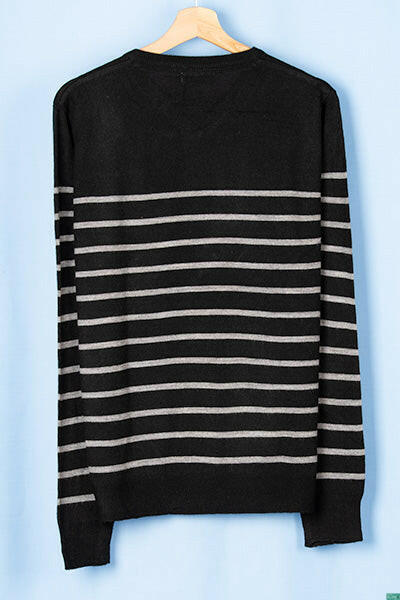 Ladies full sleeve V neck casual fit Ash striped sweater on black.