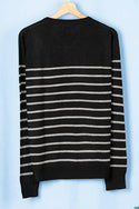 Ladies full sleeve V neck casual fit Ash striped sweater on black.