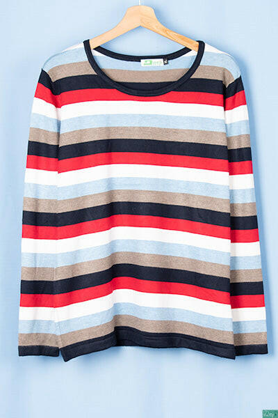 Ladies full sleeve round neck casual fit multi colours striped sweater.