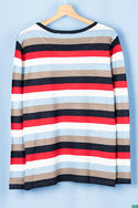 Ladies full sleeve round neck casual fit multi colours striped sweater.