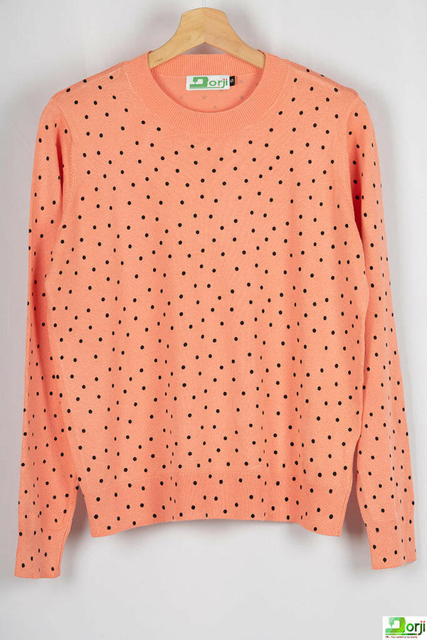 Ladies Round neck Casual fit Black Polka Dot Knitwear in Peachy Orange.