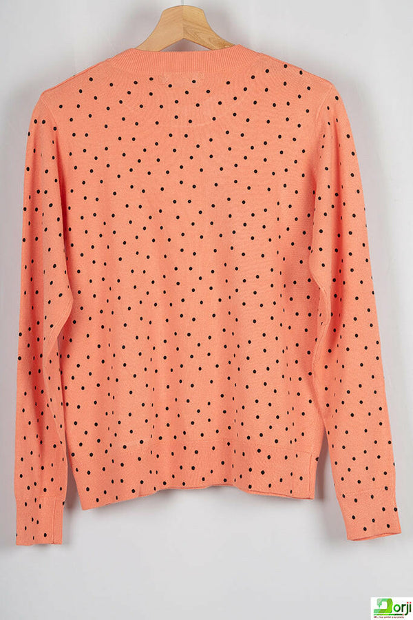 Ladies Round neck Casual fit Black Polka Dot Knitwear in Peachy Orange.