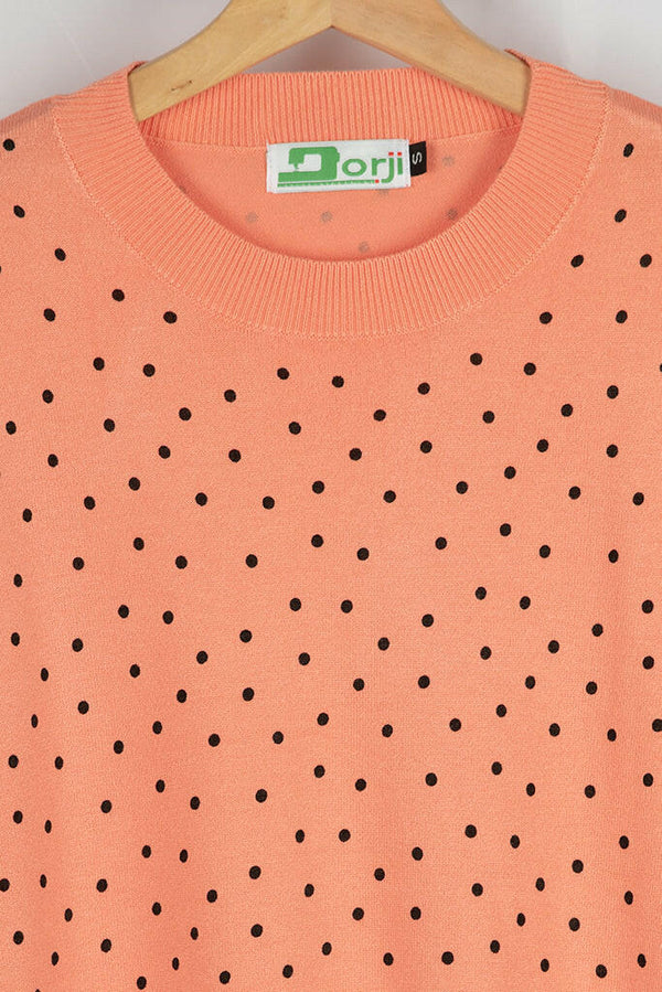 Ladies Round neck Casual fit Black Polka Dot Knitwear in Peachy Orange.