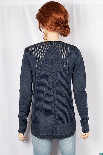 Ladies full sleeve casual fit with a beautiful back net design V neck knitwear in Charcoal.