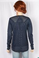 Ladies full sleeve casual fit with a beautiful back net design V neck knitwear in Charcoal.