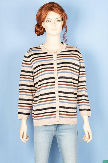Ladies Crew neck full sleeve, soft silk glittery Cardigan in black, blue and coffee stripes on brown with nice button.