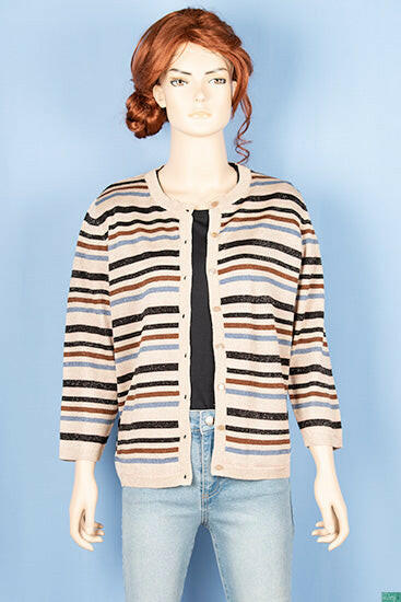 Ladies Crew neck full sleeve, soft silk glittery Cardigan in black, blue and coffee stripes on brown with nice button.