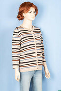 Ladies Crew neck full sleeve, soft silk glittery Cardigan in black, blue and coffee stripes on brown with nice button.