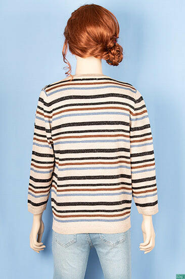 Ladies Crew neck full sleeve, soft silk glittery Cardigan in black, blue and coffee stripes on brown with nice button.