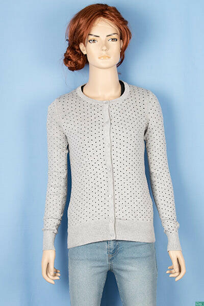 Ladies round neck full sleeve soft light Cardigan in black polka on Ash.