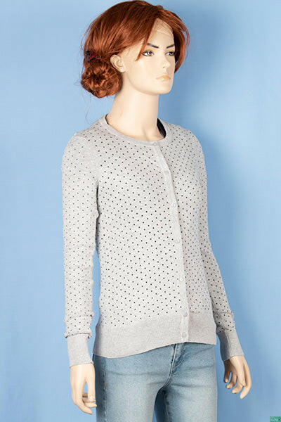 Ladies round neck full sleeve soft light Cardigan in black polka on Ash.