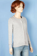 Ladies round neck full sleeve soft light Cardigan in black polka on Ash.
