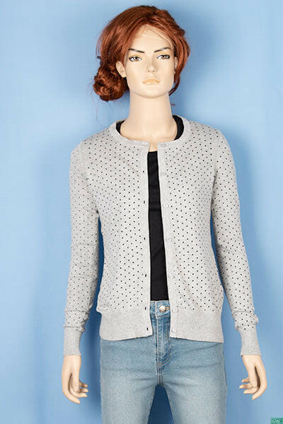 Ladies round neck full sleeve soft light Cardigan in black polka on Ash.