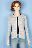 Ladies round neck full sleeve soft light Cardigan in black polka on Ash.
