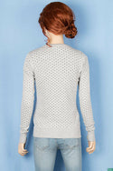 Ladies round neck full sleeve soft light Cardigan in black polka on Ash.
