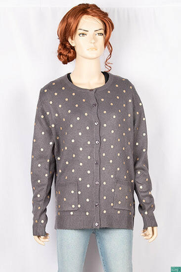 Ladies Crew neck full sleeve golden polka dot soft long Cardigan with front pockets.