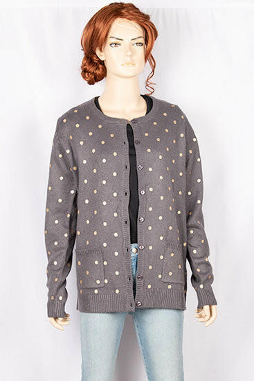 Ladies Crew neck full sleeve golden polka dot soft long Cardigan with front pockets.