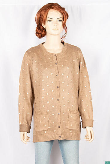 Ladies Crew neck full sleeve golden polka dot soft long Cardigan with front pockets.