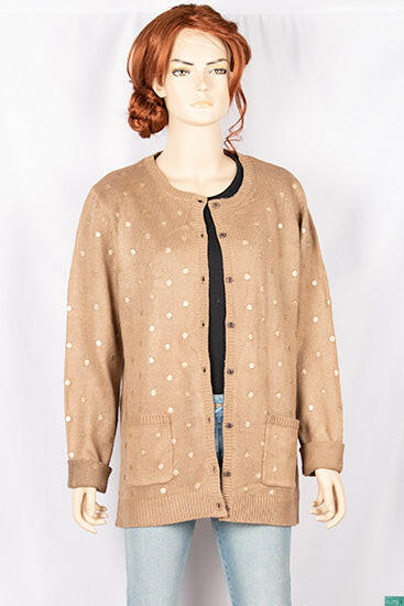 Ladies Crew neck full sleeve golden polka dot soft long Cardigan with front pockets.