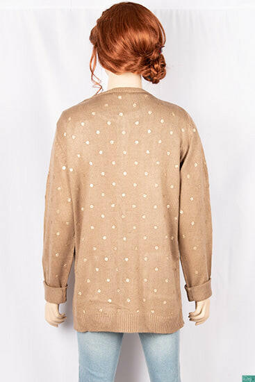 Ladies Crew neck full sleeve golden polka dot soft long Cardigan with front pockets.