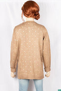 Ladies Crew neck full sleeve golden polka dot soft long Cardigan with front pockets.