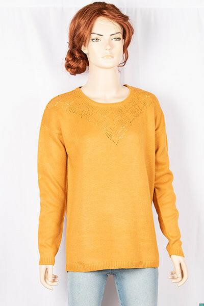 Ladies full sleeve net design round neck casual fit soft light knitwear.
