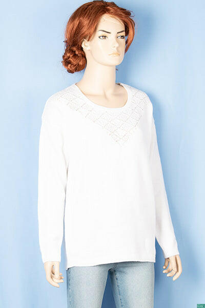 Ladies full sleeve net design round neck casual fit soft light knitwear.