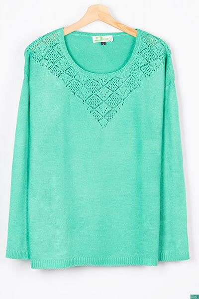 Ladies full sleeve net design round neck casual fit soft light knitwear.