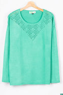 Ladies full sleeve net design round neck casual fit soft light knitwear.