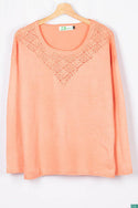 Ladies full sleeve net design round neck casual fit soft light knitwear.