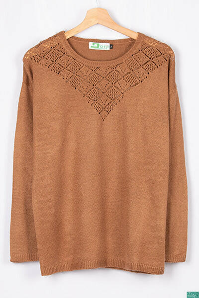 Ladies full sleeve net design round neck casual fit soft light knitwear.