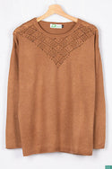 Ladies full sleeve net design round neck casual fit soft light knitwear.