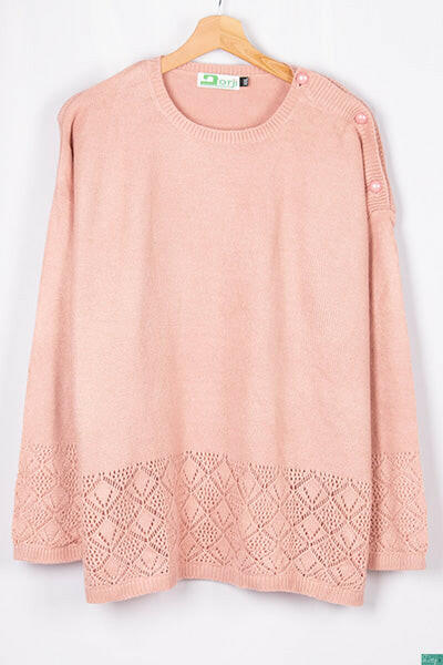 Ladies net design in sleeve & bottom casual fit round neck with shoulder button soft light knitwear in Pastel Pink.