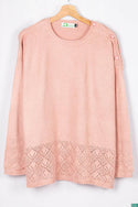 Ladies net design in sleeve & bottom casual fit round neck with shoulder button soft light knitwear in Pastel Pink.
