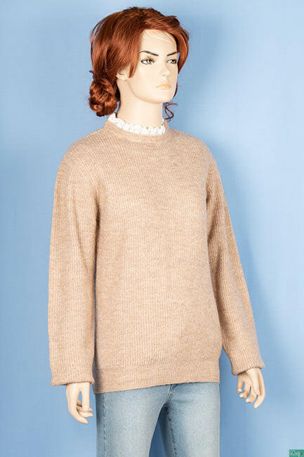 Ladies full sleeve Crew neck with lace frills Casual fit sweater with on Brown.