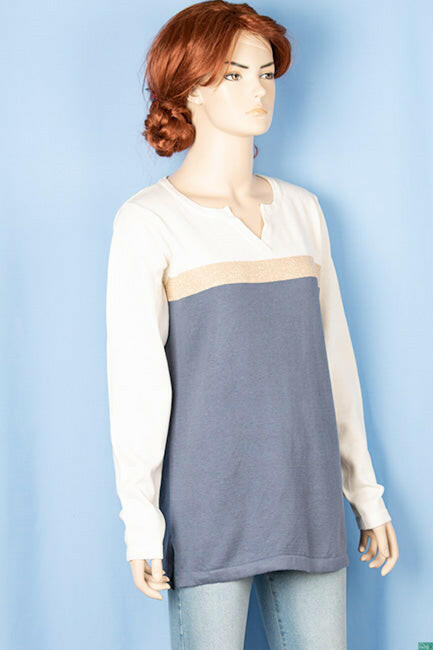 Ladies full sleeve casual fit round collar with v placket neck glittery shaded sweater.