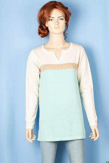 Ladies full sleeve casual fit round collar with v placket neck glittery shaded sweater.