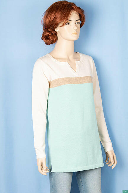 Ladies full sleeve casual fit round collar with v placket neck glittery shaded sweater.