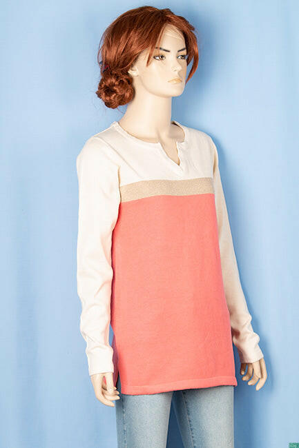 Ladies full sleeve casual fit round collar with v placket neck glittery shaded sweater.