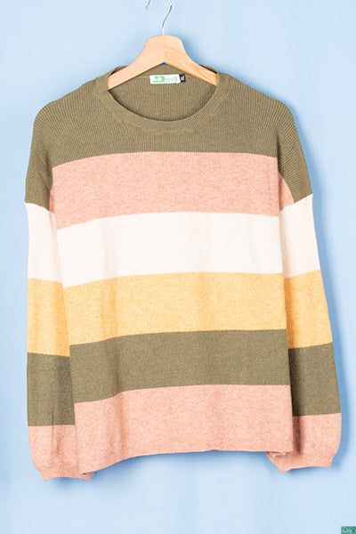Ladies full sleeve casual fit round neck shaded sweater in Olive Peach Yellow Shades.