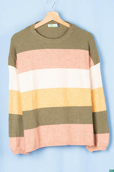 Ladies full sleeve casual fit round neck shaded sweater in Olive Peach Yellow Shades.