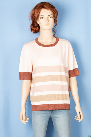 Ladies half sleeve casual fit round neck glittery shaded sweater in baby pink.