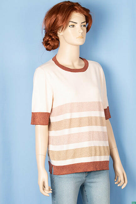 Ladies half sleeve casual fit round neck glittery shaded sweater in baby pink.