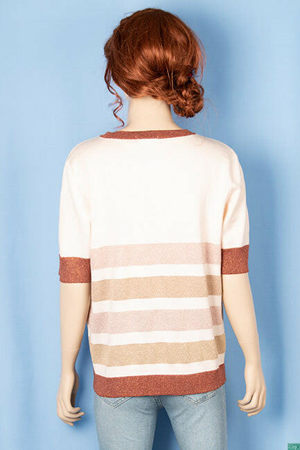 Ladies half sleeve casual fit round neck glittery shaded sweater in baby pink.