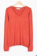 Ladies full sleeve casual fit V neck knitwear.