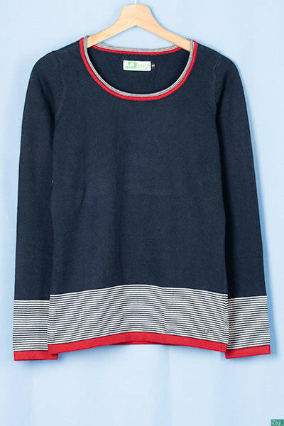 Ladies full sleeve round neck casual fit soft knitwear in Navy Blue with a beautiful sleeve & bottom design.