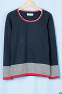 Ladies full sleeve round neck casual fit soft knitwear in Navy Blue with a beautiful sleeve & bottom design.