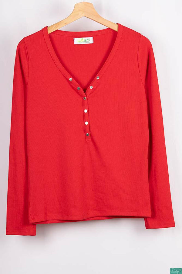 Ladies full sleeve casual fit V neck with small buttons tops in Various colours.